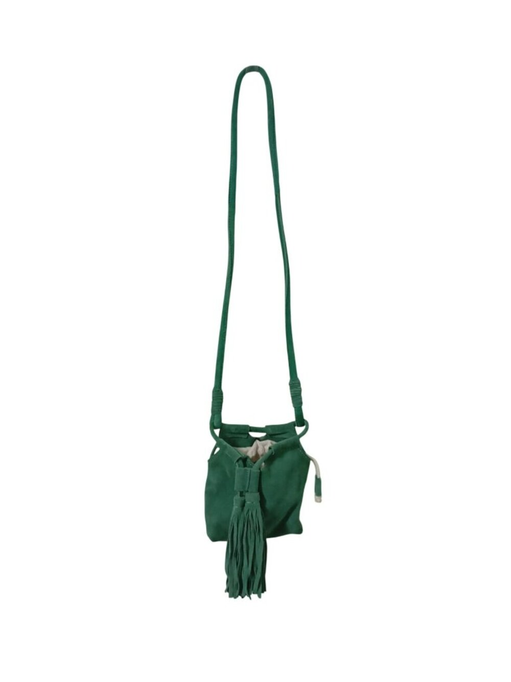 Zara Trafaluc Green Suede Fringe Crossbody Bag Cotton-Linen Drawstring Lining - Picture 2 of 11